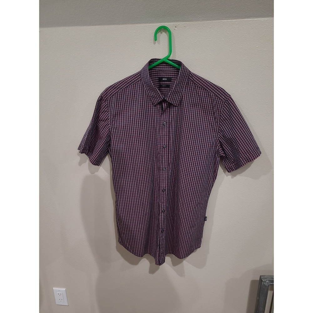 Hugo Boss Sharp fit Mens SZ L shirt sleeve button down black plaid shirt casual